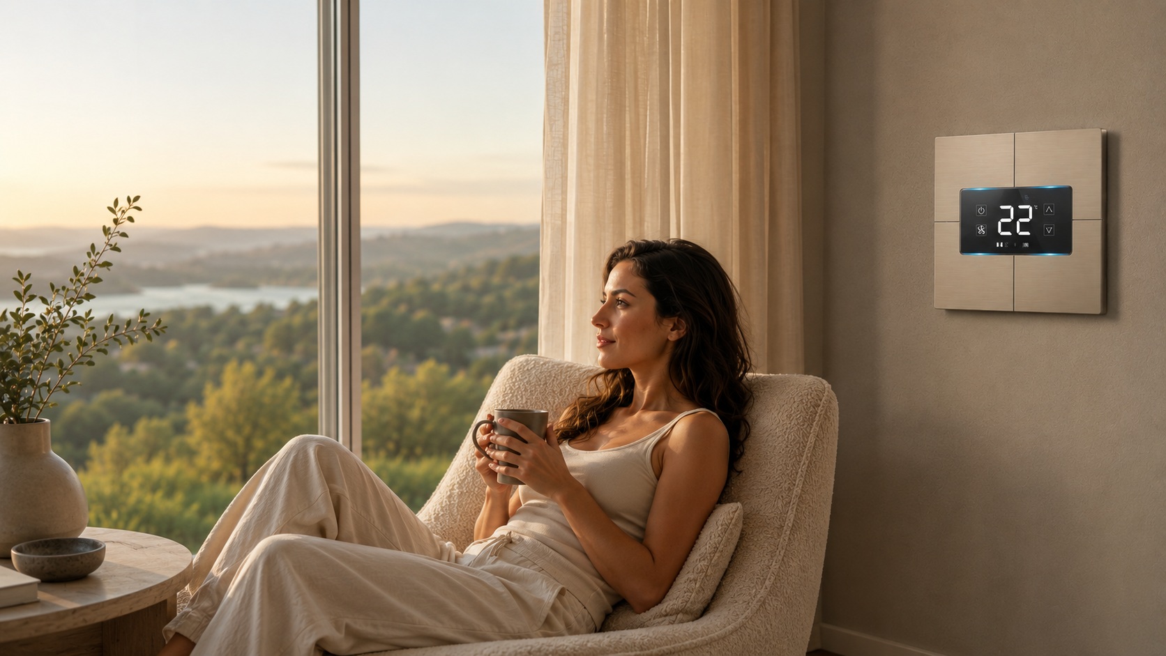 SmartAPEX Classic metal thermostat installed on a bedroom wall, woman relaxing with a view at sunset