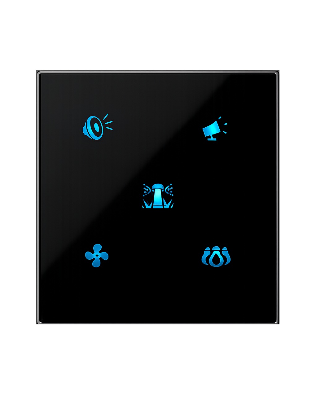 Crystal glass keypad, black finish, front view, five backlit icons
