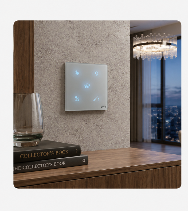 SmartAPEX Crystal Series keypad installed above a console table, backlit icons visible at dusk