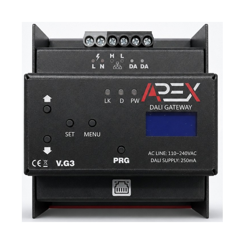 SmartAPEX DALI Gateway, APX-DG, DIN-rail module front view