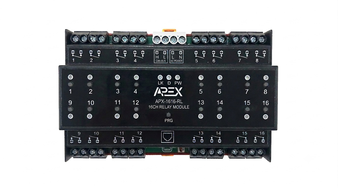 SmartAPEX APX-1616-RL, 16-channel DIN-rail relay module, front view
