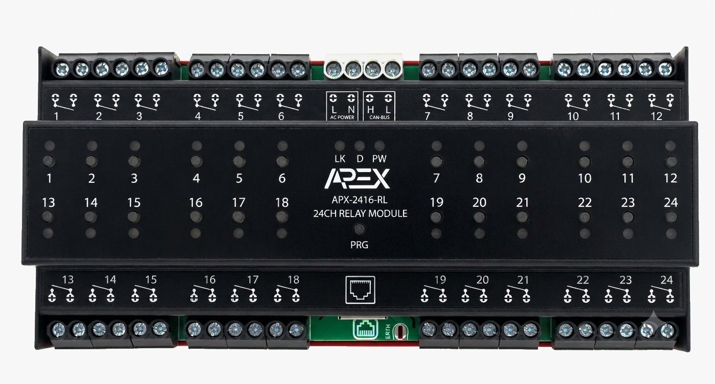 SmartAPEX APX-2416-RL, 24-channel DIN-rail relay module, front view