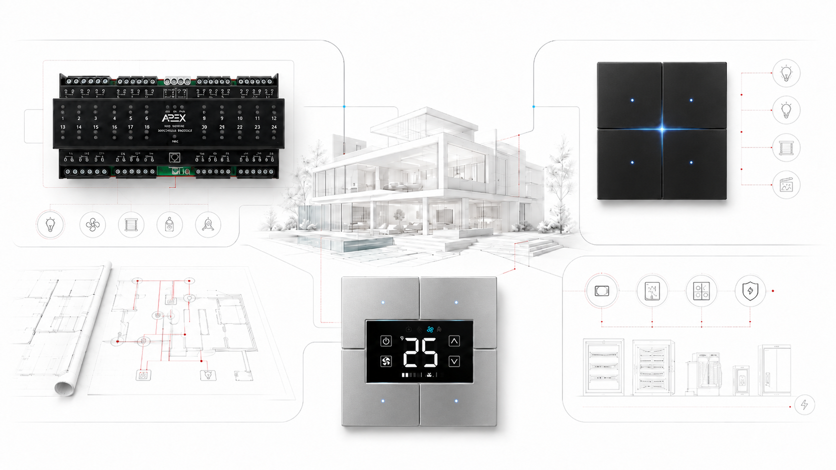 SmartAPEX product architecture overview with wall controls, DIN-rail modules and project planning