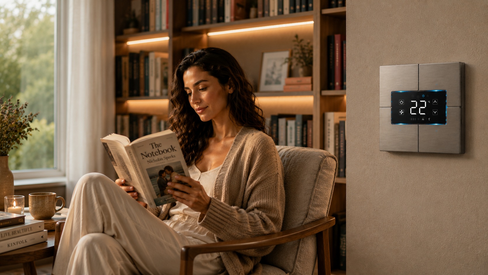 SmartAPEX Classic metal thermostat installed beside a bookshelf, woman reading in an armchair