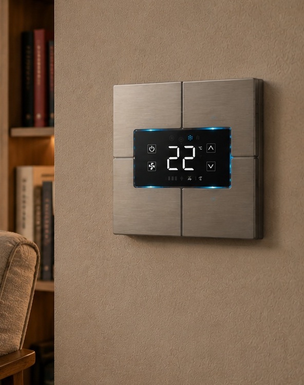 SmartAPEX Classic metal thermostat installed on a wall beside a bookshelf, digital display showing 22 degrees