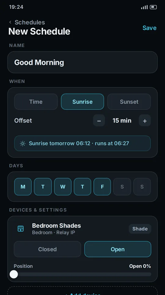 Creating a new schedule in the Control4 app: name, sunrise trigger with a 15-minute offset, weekdays, and a blind set to open