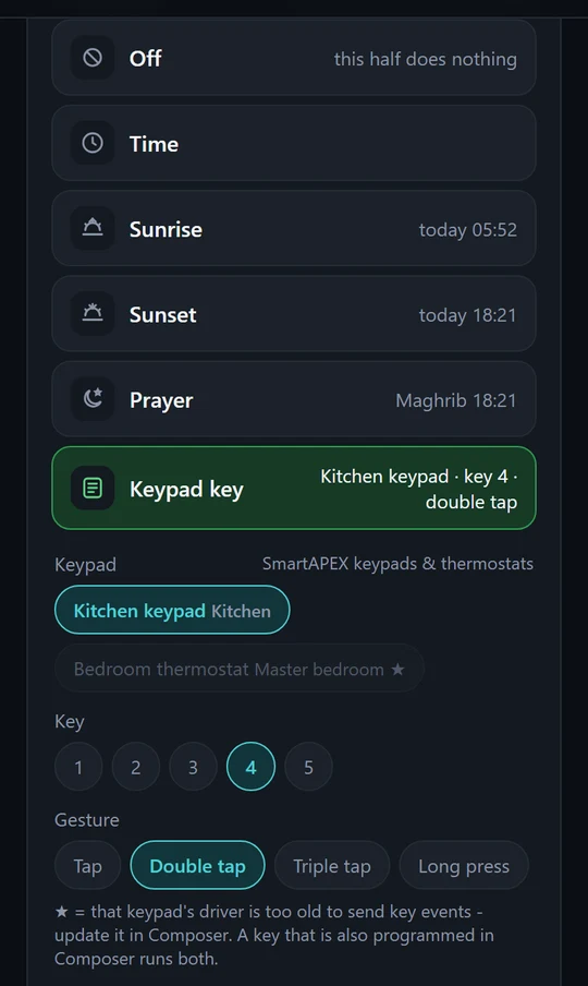Choosing a keypad, key 4 and a double tap as the trigger of a schedule
