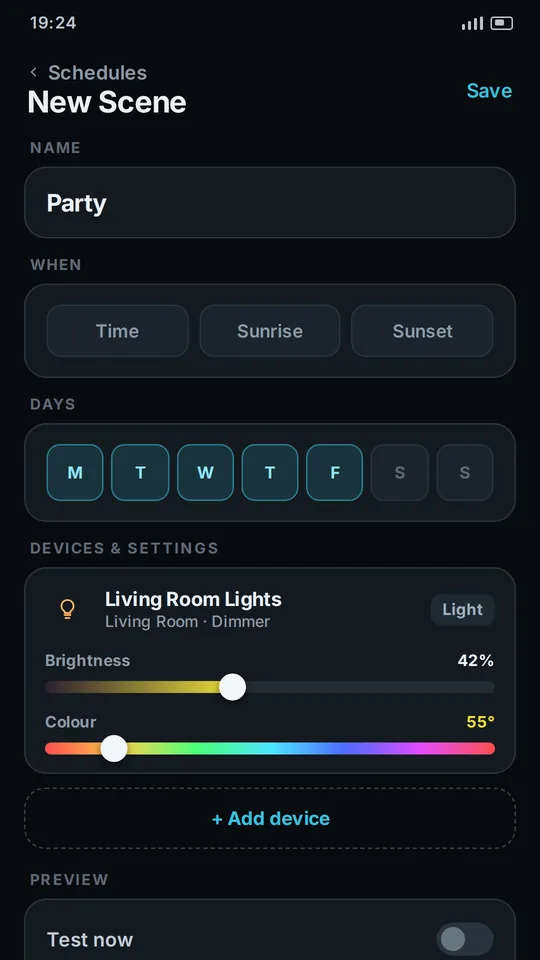 Building a Party scene: weekday selection, a light at 42 percent with a colour hue, and a Test now toggle