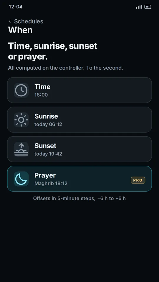 Trigger picker showing Time, Sunrise, Sunset and Prayer, with prayer marked as a Pro feature