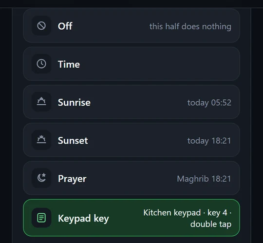 Trigger picker showing Off, Time, Sunrise, Sunset, Prayer and Keypad key