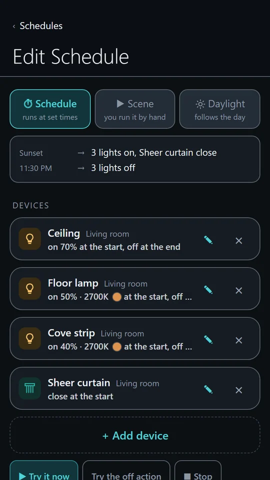 A schedule on the page: what will happen at sunset and at 11:30 PM, three lights and a curtain, and Try it now