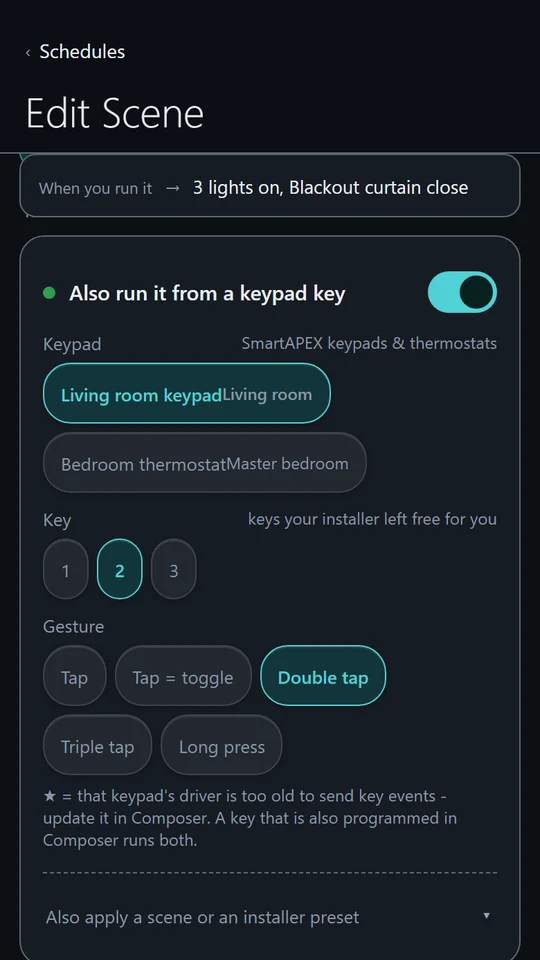 A scene run from a keypad key: the keypad, key 2 and a double tap