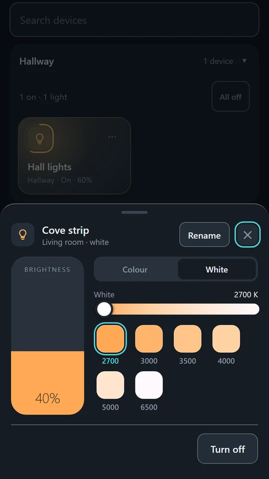 Holding a colour light: brightness, white temperature swatches in kelvin, and Turn off