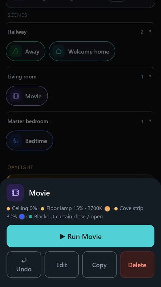 Tapping the Movie scene: what it does to each light and the curtain, Run Movie, Undo, Edit, Copy and Delete