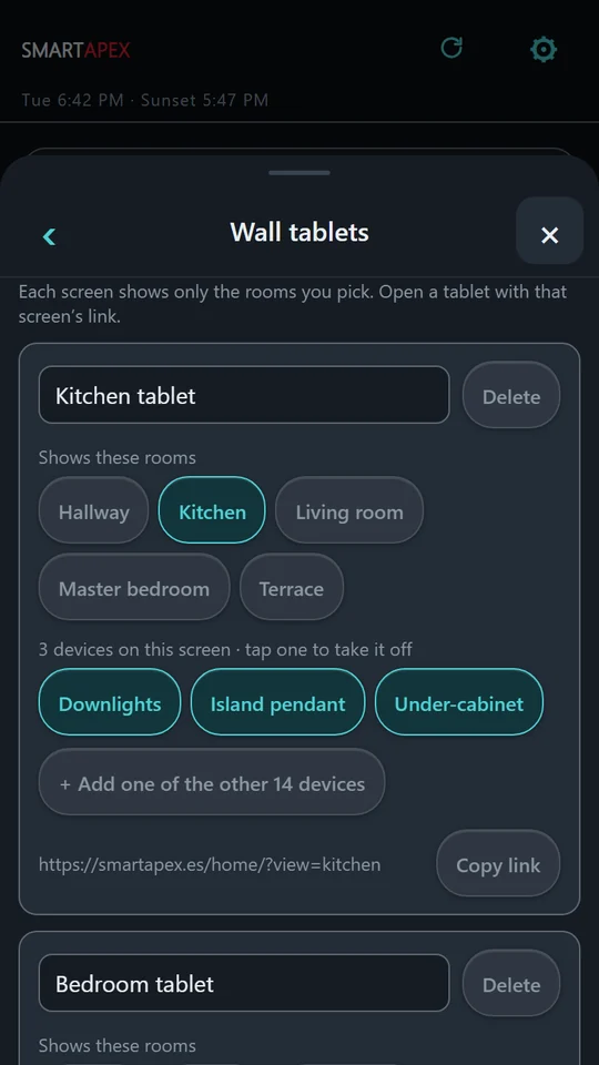 Wall tablets: the Kitchen tablet shows the Kitchen and its three lights, with its own link
