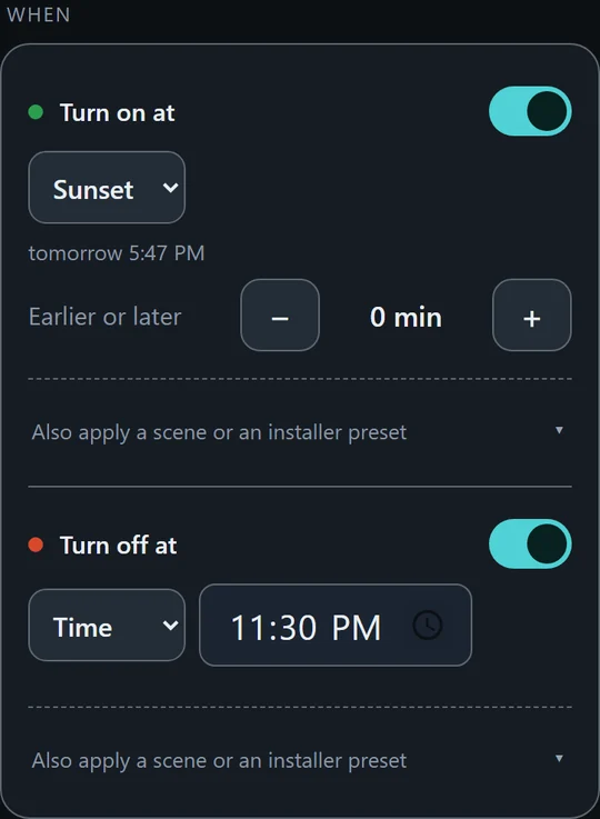 The When block: turn on at sunset, turn off at 11:30 PM, each half with its own switch